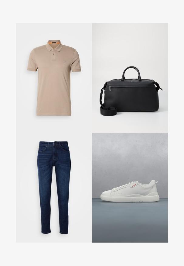 Beige polo shirt lavet af bomuld, med en placket med to knapper, korte ærmer og en subtil logo-patch på brystet. Indvendig krave i orange som accent.; Mørkeblå denimbukser med lige ben, der har lommer og knaplukning i taljen. Blød tekstur, minimal falming.; Hvide sneakers med en glat læderfinish, rund tå, fire snørehuller, subtile perforeringer og en rød logo detalje på siden.; Sort læder duffel taske med to top hanke, en aftagelig skulderrem og en lynlåslomme foran til ekstra opbevaring.
