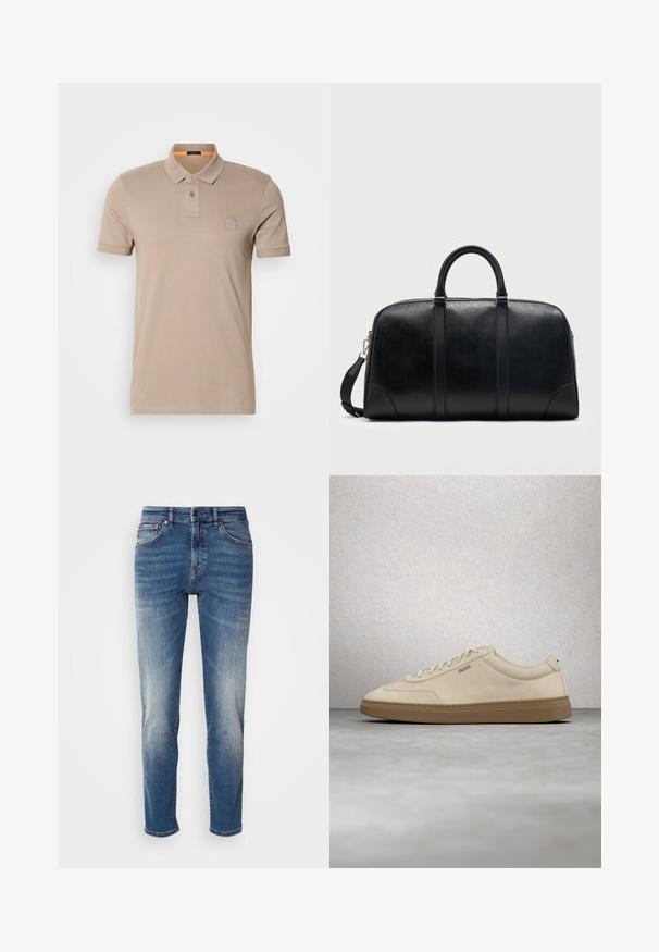 Polo beige de algodón, con un cierre de dos botones, mangas cortas y un discreto parche de logo en el pecho. Interior del collar acentuado en naranja.; Jeans de mezclilla azul con un diseño de pierna recta, ligero desgastado, estilo clásico de cinco bolsillos y cierre de cremallera con botón.; Zapatilla de ante beige claro con suela de goma color caramelo, cordones prominentes y detalles de costura sutiles. Diseño limpio con una estética minimalista.; Bolsa de viaje de cuero negro con dos asas superiores, correa de hombro desmontable y pequeño logo "Hugo" centrado cerca de la cremallera superior.