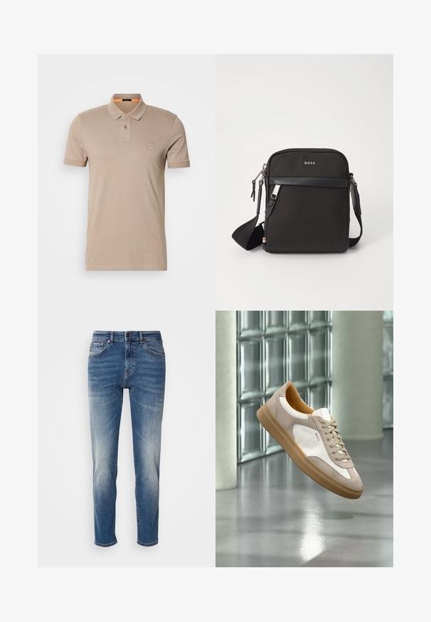 Beige puuvillane polo-särk, millel on kahe nupuga kaelus, lühikesed varrukad ja diskreetne logopatch rinnal. Krae sisekülg on oranž.; Sinine denimist valmistatud teksapükse sirge sääre kujundusega, kerge kulumisefektiga, klassikalise viie-taskuga stiiliga ning lukuga, millel on nupp sulgemiseks.; Beež ja valge sneaker beežika tallaga ja "BOSS" logoga, riputatud peegeldava sileda põranda kohale, mille taga on klaasplokkidest sein.; Must mustra kott, millel on tekstuuriga kangas, logo ees, lukuga sulgemine ja reguleeritav rihm. Funktsiooniks on sile nahaäär.