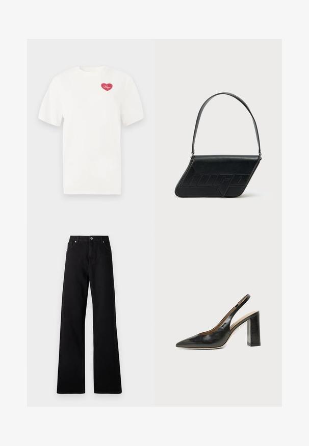 Weißes Baumwoll-T-Shirt mit einem pinkfarbenen herzförmigen Grafik und dem Wort "Hugs" in Schreibschrift. Mit kurzen Ärmeln und lässiger Passform.; Schwarze weit geschnittene Jeans aus Denim mit einem Fünf-Taschen-Design, vorderem Knopfverschluss und dezenten Nähdetails.; Schwarzer Leder-Slingback-Schuh mit spitzer Kappe, hohem Blockabsatz und beigegefüttertem Innenraum vor hellem, einfarbigem Hintergrund.; Schwarze Leder-Umhängetasche mit dreieckiger Form, geprägt mit Logo und einem einzigen verstellbaren Riemen. Minimalistisches Design mit glatter Textur.
