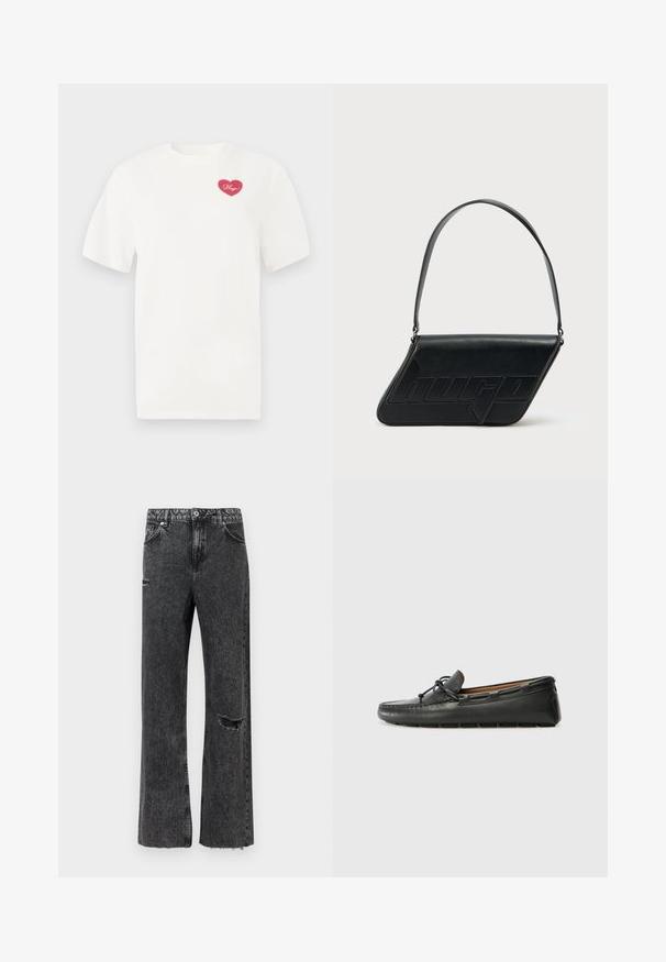 Weißes Baumwoll-T-Shirt mit einem pinkfarbenen herzförmigen Grafik und dem Wort "Hugs" in Schreibschrift. Mit kurzen Ärmeln und lässiger Passform.; Wide-Leg-Jeans aus gewaschenem schwarzem Denim mit einem ausgefransten Knie-Detail, einem ausgefransten Saum und einem Standard-Knopfleistenverschluss mit Taschen.; Schwarze Lederbootsschuhe mit rundem Zehenbereich, gestickten Details, kleinem Schleifenakzent und Gummisohle. Glatte Textur und schlankes Design.; Schwarze Leder-Umhängetasche mit dreieckiger Form, geprägt mit Logo und einem einzigen verstellbaren Riemen. Minimalistisches Design mit glatter Textur.