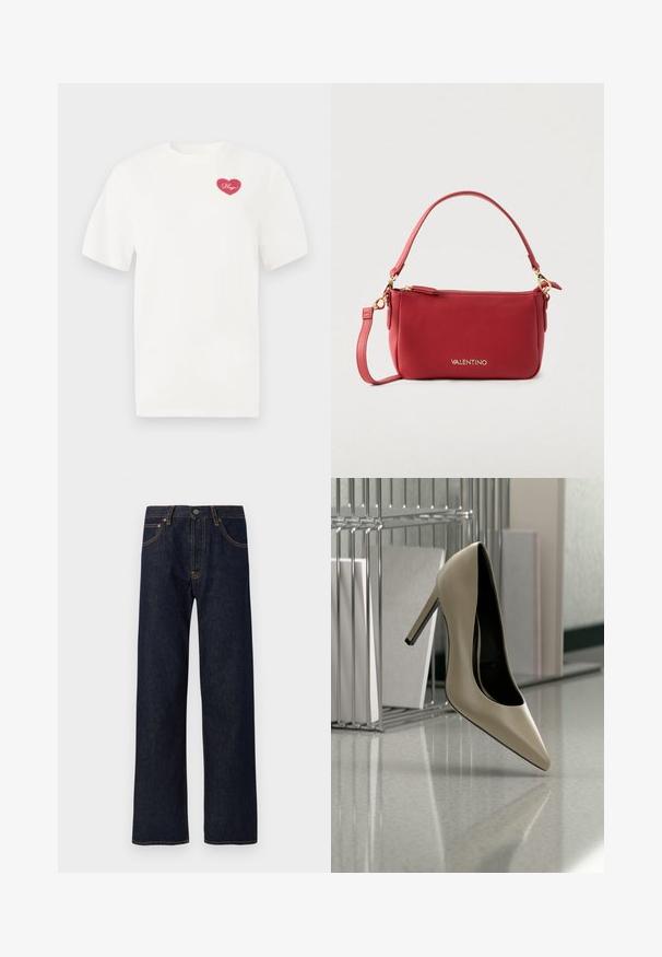 Hvid bomulds t-shirt med et rosa hjerteformet grafisk design med ordet "Hugs" i kursiv. Korte ærmer og afslappet pasform.; Mørkeblå straight-leg denimjeans med synlige orange syninger, frontknap og fem lommer, vist mod en hvid baggrund.; Beige højhælede sko balancerende på hælen på en skinnende overflade ved siden af en metalfilorganisator med dokumenter.; Rød læderhåndtaske med en glat tekstur. Har et kort håndtag, justerbar rem, lynlåslukning og guld hardware-detaljer.