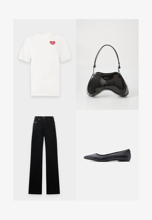 Hvid bomulds t-shirt med et rosa hjerteformet grafisk design med ordet "Hugs" i kursiv. Korte ærmer og afslappet pasform.; Sorte, vide jeans i denim med knaplukning foran, fem lommer og et lille logopatch på linningen.; Sort flad lædersko med spidst tåparti og lav hæl, vist i sideprofil mod en hvid baggrund.; Sort patentlæder håndtaske med en unik buet form, kort justerbar hank og en lynlåslukning i toppen. Glat tekstur med diskret branding.