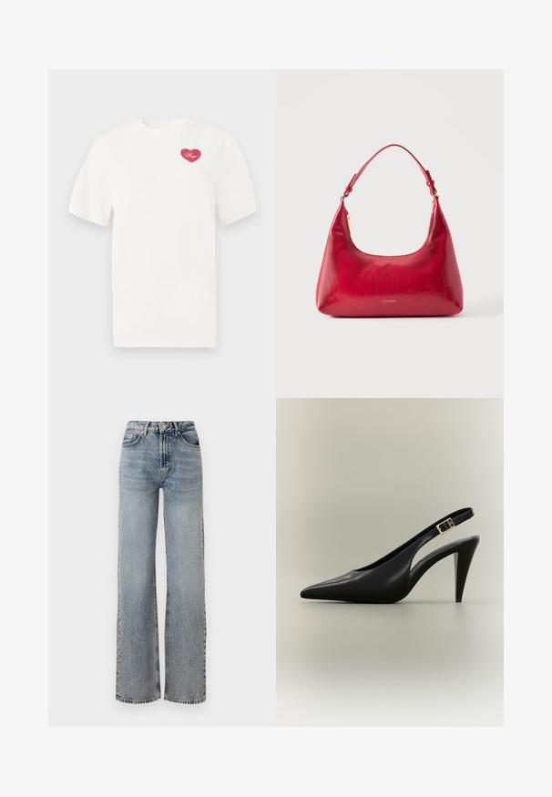 Weißes Baumwoll-T-Shirt mit einem pinkfarbenen herzförmigen Grafik und dem Wort "Hugs" in Schreibschrift. Mit kurzen Ärmeln und lässiger Passform.; Helleblaue Jeans aus Denim mit hoher Taille, weitem Bein, verwaschenem Finish und subtilen distressierten Details. Klassischer Fünf-Taschen-Stil.; Schwarzer spitzer Slingback-Pumps aus Leder mit goldener Schnalle und einem zulaufenden Absatz vor neutralem Hintergrund.; Rote Lederschultertasche mit goldenem Reißverschluss und verstellbarem Schulterriemen, Calvin Klein Logo mittig vorne.