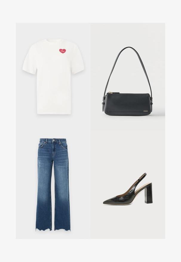 Weißes Baumwoll-T-Shirt mit einem pinkfarbenen herzförmigen Grafik und dem Wort "Hugs" in Schreibschrift. Mit kurzen Ärmeln und lässiger Passform.; Jeans aus Denim mit ausgestelltem Bein in mittlerem Blauton, mit ausgefranstem Saum, fünf Taschen und vorderer Knopfverschluss.; Schwarzer Leder-Slingback-Schuh mit spitzer Kappe, hohem Blockabsatz und beigegefüttertem Innenraum vor hellem, einfarbigem Hintergrund.; Schwarze rechteckige Lederschultertasche mit goldenem Reißverschluss und kleinem goldenem "HUGO"-Logo auf der Vorderseite, mit verstellbarem Riemen und Schnalle.
