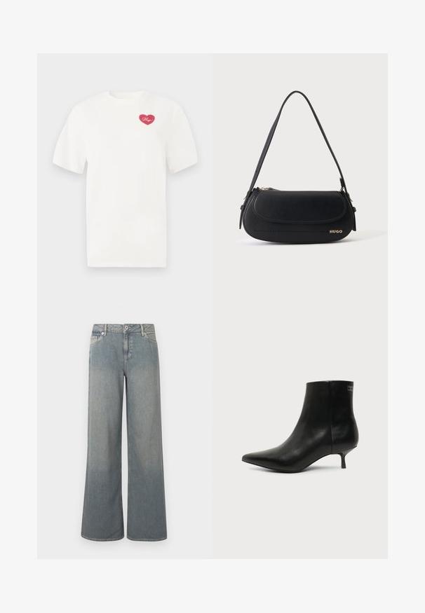 Hvid bomulds t-shirt med et rosa hjerteformet grafisk design med ordet "Hugs" i kursiv. Korte ærmer og afslappet pasform.; Lyseblå jeans med brede ben lavet af denim, der har et klassisk design med fem lommer, lynlås- og knaplås samt frynset kant.; Sort læder ankelstøvle med spids tå og lav kitten hæl på lys baggrund, der viser yderside.; Sort skuldertaske i læder med buet klap, guld "HUGO" logo på forsiden og enkelt justerbar strop.