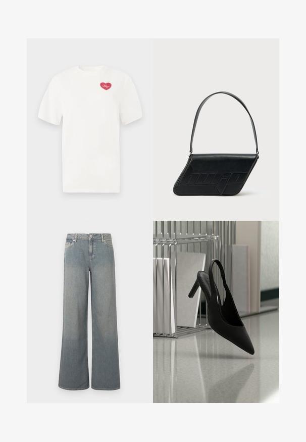 Hvid bomulds t-shirt med et rosa hjerteformet grafisk design med ordet "Hugs" i kursiv. Korte ærmer og afslappet pasform.; Lyseblå jeans med brede ben lavet af denim, der har et klassisk design med fem lommer, lynlås- og knaplås samt frynset kant.; Sort spids tå slingback højhælet sko svævende i luften over en skinnende gulv med stablede ringbind i baggrunden.; Sort skuldertaske i læder med trekantet form, præget logo og en enkelt justerbar rem. Minimalistisk design med glat tekstur.