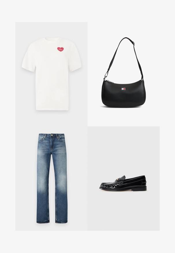 Hvid bomulds t-shirt med et rosa hjerteformet grafisk design med ordet "Hugs" i kursiv. Korte ærmer og afslappet pasform.; Blå denimjeans med lige ben, falmet struktur og let slid. Har fem lommer og metalhardware.; Sorte læder loafers med rund tå, dekorativ sying og en lille gul accent på vampen. Flad gummisål, slankt design.; Sort skuldertaske med justerbar rem og en lille Tommy Jeans-logo plaque foran i midten.