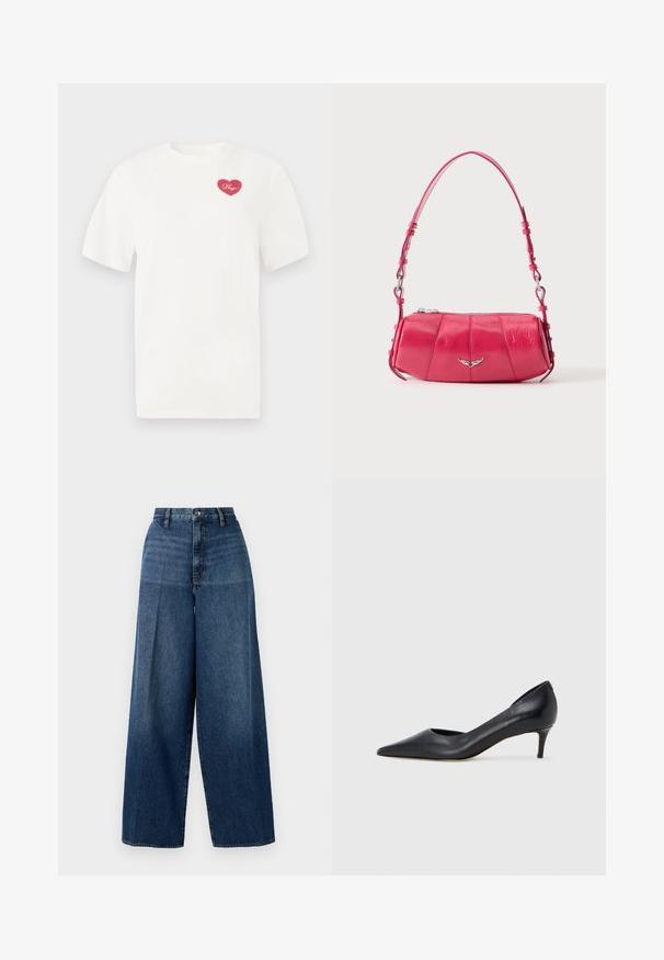Hvid bomulds t-shirt med et rosa hjerteformet grafisk design med ordet "Hugs" i kursiv. Korte ærmer og afslappet pasform.; Bredde denim jeans i mørkeblå. Har en høj talje, lynlås og subtil fading. Fremstillet af tekstureret bomuldsstof.; Sort læderpumpe med spids tå og lav hæl. Har en glat tekstur og subtil glans. Åben udskæring foran for ekstra detalje.; Lille skinnende lyserød skuldertaske i læder med sølv vingeemblem og justerbar rem, lynlåslukning øverst, vist på hvid baggrund.