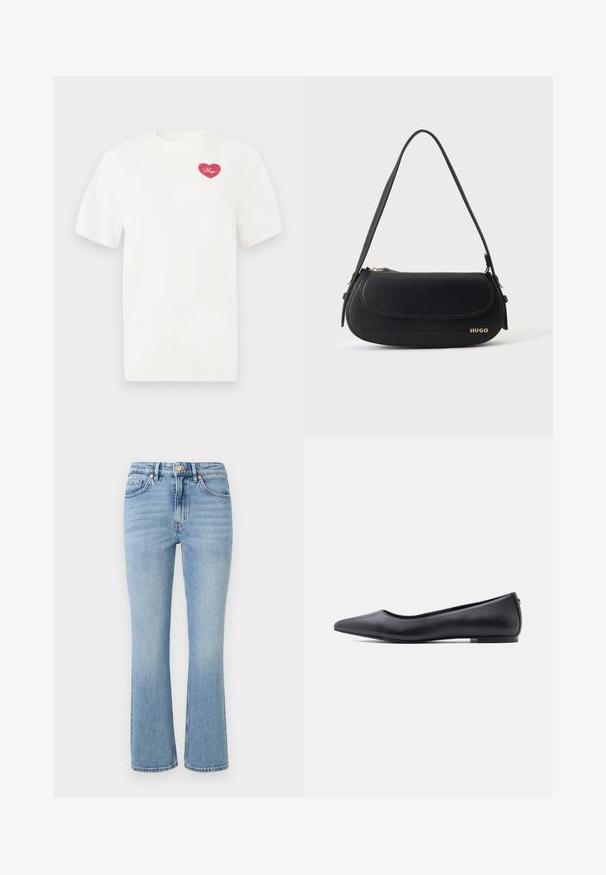 Hvid bomulds t-shirt med et rosa hjerteformet grafisk design med ordet "Hugs" i kursiv. Korte ærmer og afslappet pasform.; Lys blå denim jeans med en udvidet design, høj talje, fem lommer og guld hardware. Funktioner en falmet vask og stikninger.; Sort flad lædersko med spidst tåparti og lav hæl, vist i sideprofil mod en hvid baggrund.; Sort skuldertaske i læder med buet klap, guld "HUGO" logo på forsiden og enkelt justerbar strop.