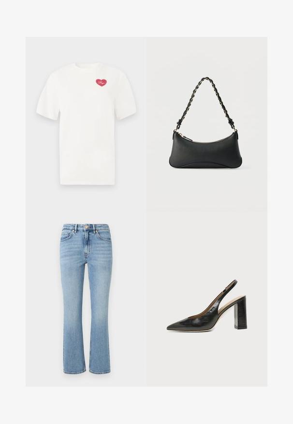 Hvid bomulds t-shirt med et rosa hjerteformet grafisk design med ordet "Hugs" i kursiv. Korte ærmer og afslappet pasform.; Lys blå denim jeans med en udvidet design, høj talje, fem lommer og guld hardware. Funktioner en falmet vask og stikninger.; Sort læder peep-toe slingback sko med høj blokhæl og beige indvendig foring mod en ensfarvet lys baggrund.; Sort skuldertaske i læder med en buet rektangulær form, gyldent kæde vævet ind i en flettet sort rem og toplynlås.