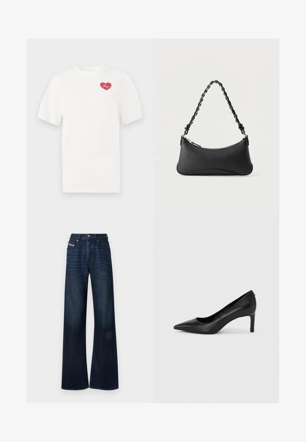 Weißes Baumwoll-T-Shirt mit einem pinkfarbenen herzförmigen Grafik und dem Wort "Hugs" in Schreibschrift. Mit kurzen Ärmeln und lässiger Passform.; Dunkelblaue Jeans mit weitem Bein aus Denim. Verfügt über einen Knopfverschluss, ein Fünf-Taschen-Design und dezentes Verblassen auf der Vorderseite.; Schwarzer, spitz zulaufender High-Heel-Pumps aus Leder mit einem schlanken, mittelhohen Absatz auf einem schlichten hellgrauen Hintergrund.; Schwarze Lederschultertasche mit gewölbter rechteckiger Form, goldener Kette, die in den geflochtenen schwarzen Riemen eingewebt ist, und Reißverschlussverschluss oben.