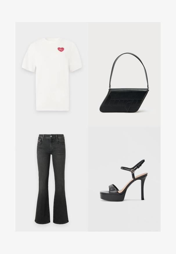Hvid bomulds t-shirt med et rosa hjerteformet grafisk design med ordet "Hugs" i kursiv. Korte ærmer og afslappet pasform.; Sorte denimflare jeans med mellemhøjt talje, fem-lomme design og syningsdetaljer på lommerne. Glat tekstur med let skær.; Sorte platformsandaler med høj stiletthæl, der har en glat læderoverdel, peep toe-design og en justerbar ankelrem med metalbeslag.; Sort skuldertaske i læder med trekantet form, præget logo og en enkelt justerbar rem. Minimalistisk design med glat tekstur.