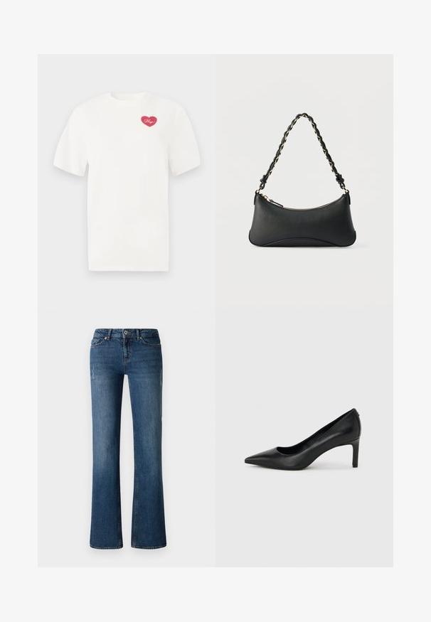 Weißes Baumwoll-T-Shirt mit einem pinkfarbenen herzförmigen Grafik und dem Wort "Hugs" in Schreibschrift. Mit kurzen Ärmeln und lässiger Passform.; Dunkelblaue Denim-Jeans mit einem ausgestellten Bein-Design, das subtile Auswaschungen und abgenutzte Details in der Nähe der Oberschenkel- und Kniebereiche aufweist.; Schwarzer, spitz zulaufender High-Heel-Pumps aus Leder mit einem schlanken, mittelhohen Absatz auf einem schlichten hellgrauen Hintergrund.; Schwarze Lederschultertasche mit gewölbter rechteckiger Form, goldener Kette, die in den geflochtenen schwarzen Riemen eingewebt ist, und Reißverschlussverschluss oben.