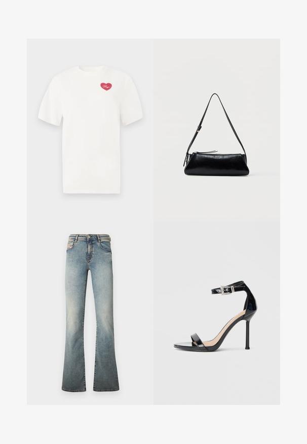 Witte katoenen t-shirt met een roze hartvormige graphic en het woord "Hugs" in cursief. Korte mouwen en een ontspannen pasvorm.; Lichtblauwe flared jeans gemaakt van denim, met vijf zakken, een knoopsluiting en subtiele vervagingen op de pijpen.; Zwarte sandalen met hoge hak van lakleer en een enkelriempje. Heeft een minimalistisch ontwerp, open teen en een gesp met strass-steentjes.; Zwarte leren schoudertas met smalle verstelbare band, ritssluiting en klein metalen "GUESS" logo middenvoor.