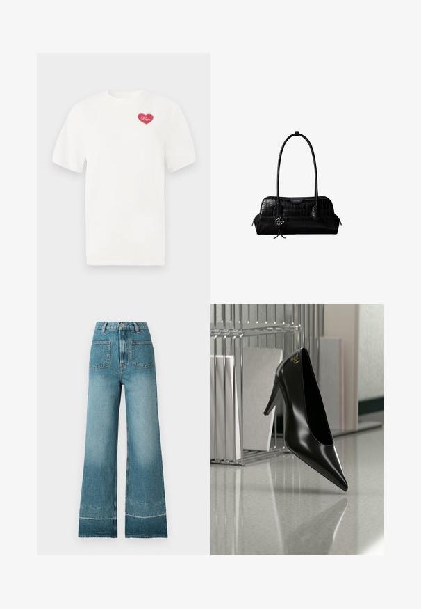 Hvid bomulds t-shirt med et rosa hjerteformet grafisk design med ordet "Hugs" i kursiv. Korte ærmer og afslappet pasform.; Blå cowboybukser med høj talje, vide ben og forlommer, med falmede områder og lukning med knap og lynlås.; Sort højhælet sko med spids tå og guldlogo, placeret på en reflekterende overflade nær en krom trådfilholder med dokumenter.; Sort skuldertaske i krokodillelæder med lange stropper og lille sølvlogo-charm på den ene strop.