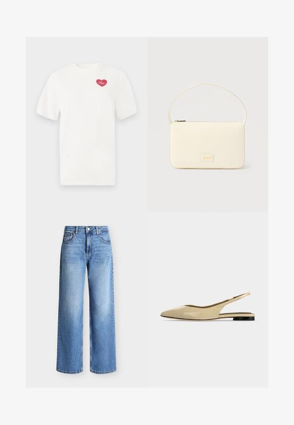 Hvid bomulds t-shirt med et rosa hjerteformet grafisk design med ordet "Hugs" i kursiv. Korte ærmer og afslappet pasform.; Blå denim jeans med lige ben, fem lommer og lukning med knap og lynlås, vist mod en ensfarvet lys baggrund.; Beige spids tå slingback flad sko med lav sort hæl og en glat læderfinish, vist fra siden på en ensfarvet baggrund.; Kremfarvet rektangulær håndtaske med en enkelt rem og lynlås øverst, med en lille præget logo-plakette foran.