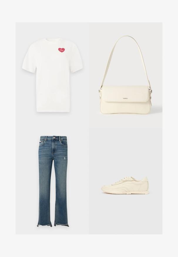 Witte katoenen t-shirt met een roze hartvormige graphic en het woord "Hugs" in cursief. Korte mouwen en een ontspannen pasvorm.; Blauwe spijkerbroek van denim met lichte slijtage, ruwe rafelige zomen, voorzakken, riemlussen en een knoopsluiting.; Low-profile sneaker in crèmekleur met golvende stiksels, vetersluiting en een geribbelde zool, zijaanzicht tegen een effen achtergrond.; Schoudertas van crèmegekleurd leer met een klepafsluiting, zilverkleurige hardware, een enkele verstelbare riem en subtiele logodetails.