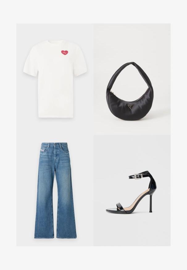 Witte katoenen t-shirt met een roze hartvormige graphic en het woord "Hugs" in cursief. Korte mouwen en een ontspannen pasvorm.; Wijde spijkerbroek in lichtblauw met versieringen op de voorkant van de zakken. Heeft een hoge taille en een gladde textuur.; Zwarte sandalen met hoge hak van lakleer en een enkelriempje. Heeft een minimalistisch ontwerp, open teen en een gesp met strass-steentjes.; Zwarte satin handtas met een gebogen vorm, voorzien van een ritssluiting en een driehoekig metalen logo aan de voorkant. Gladde textuur en een slank ontwerp.