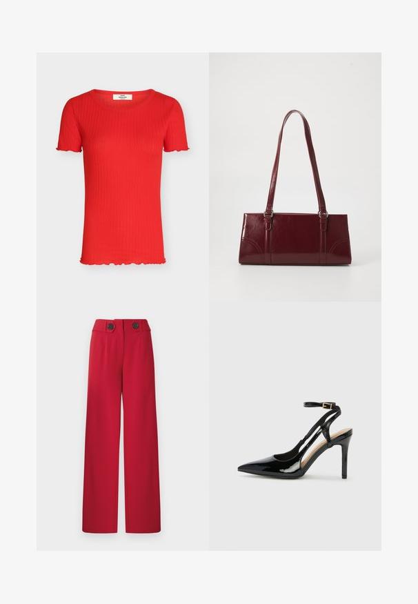 Κόκκινο πλεκτό κοντομάνικο τοπ με ριγέ ύφανση, στρογγυλή λαιμόκοψη και ελαφρώς βολάν στα μανίκια και το τελείωμα.; Κόκκινο παντελόνι ψηλόμεσο, με φαρδύ πόδι, δύο μαύρα κουμπιά στη μέση, πιέτες μπροστά και ίσιο τελείωμα.; Μαύρο πατενταριστό δερμάτινο ψηλοτάκουνο παπούτσι slingback με μυτερή μύτη, ρυθμιζόμενο λουρί στον αστράγαλο και ανοιχτές πλευρές. Λείο υφάσμα.; Μπορντό τσάντα ώμου από γυαλιστερό υλικό, ορθογώνιο σχήμα, με δύο ιμάντες ώμου και λεπτές καμπύλες λεπτομέρειες στο μπροστινό μέρος.