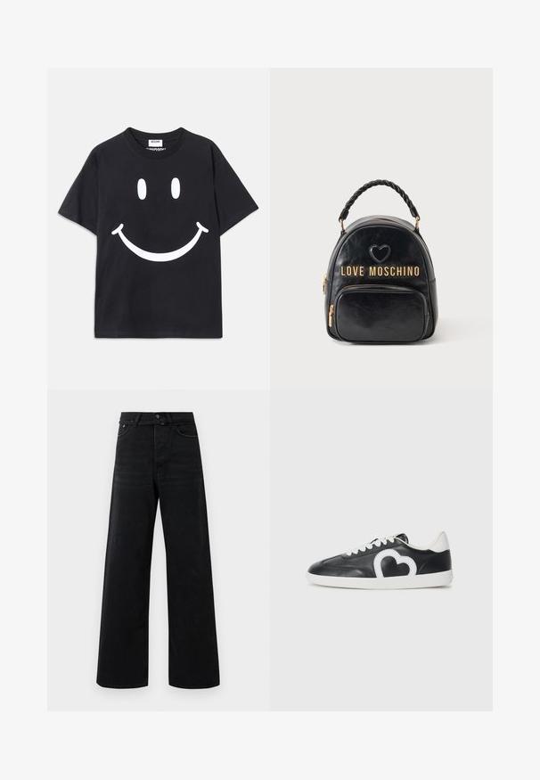 Sort t-shirt med korte ærmer lavet af bomuld, der har et stort hvidt smiley-ansigt grafisk design på forsiden. Klassisk rund halsudskæring.; Sorte højtaljede vid ben jeans med frontknap, lynlås, bæltestropper og klassisk fem-lomme stil.; Sort lavt snøresneakers med hvide snørebånd, hvid sål og et hvidt hjerteformet design på siden.; Sort læder Love Moschino rygsæk med flettet håndtag, frontlomme, guld lynlåse og hjerte-detalje over logoet.