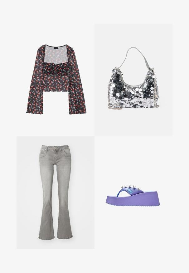 Blomster mesh top med lange, flared ærmer. Sort bund med rødt og blåt blomster mønster, udstyret med en rynket bodice og bølget kant.; Grå flagrende jeans med en middelhøj talje, frontlommer og knaplukning, lavet af denimstof med en glat tekstur.; Lilla flip-flop sandal med sølv sommerfugledekorationer på remmen og en struktureret sål.; Sølvglitrende håndtaske med rund form, blød håndtag og sølvfarvet kædestrop. Har en lynlåslukning og reflekterende detaljer.