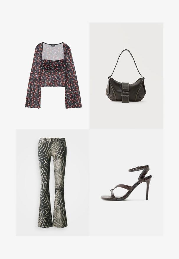Blusa de malla floral con mangas largas y acampanadas. Base negra con un patrón floral en rojo y azul, con un cuerpo fruncido y un dobladillo ondulado.; Jeans acampanados en un patrón de cebra negro y beige, con material de mezclilla, diseño de cinco bolsillos y detalles de costura visibles.; Sandalia de tacón alto color marrón oscuro con finas tiras, hebilla en el tobillo y un patrón texturizado de piel de serpiente sobre un fondo blanco.; Bolso de hombro de cuero negro con detalle de correa con hebilla, bordes curvos y costuras blancas en contraste sobre un fondo liso.