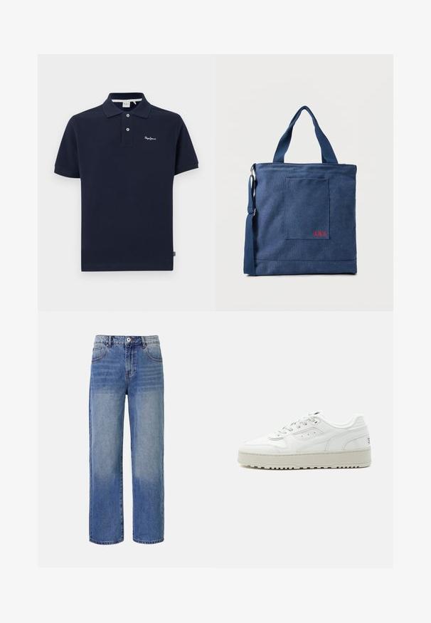 Tumesinine polo särk, mis on valmistatud puuvillast, klassikalise krae, lühikeste varrukate, kahe nupu ja väikese brodüüri logoga rinnal.; Heledad sinine teksariie lai jalgadega püksid, millel on pleekimis muster, viis taskut ja lukuga sulgemine. Vöökoha ääres on nupp ja vööloop.; Valged madala säärega tossud, paksu tallaga, ees nöörid, perforatsiooniga detailid ja polsterdatud kraega, ühtlasel helehallil taustal.; Sinine lõuendist käekott esitasku ja punase "O.N.S" tikandiga, kus on topeltkandesangad ja reguleeritav õlarihm.