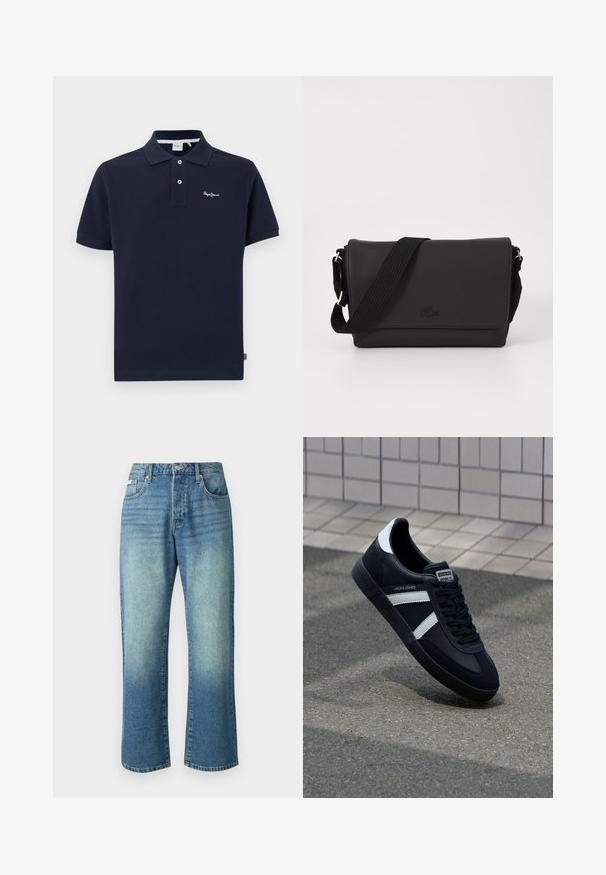 Marineblaues Poloshirt aus Baumwolle mit klassischem Kragen, kurzen Ärmeln, einer zwei-Knopf-Leiste und kleinem gesticktem Logo auf der Brust.; Helle blaue Jeans mit geradem Bein, fünf Taschen, vorderer Knopfverschluss und dezentem Verblassen im gesamten Stoff.; Schwarze Leder-Sneaker mit weißen Streifen, strukturiertem Gummisohle und Schnürung. Verfügt über ein Markenetikett auf der Zunge.; Lacoste MESSENGER BAG MEN CLASSIC - Umhängetasche - noir