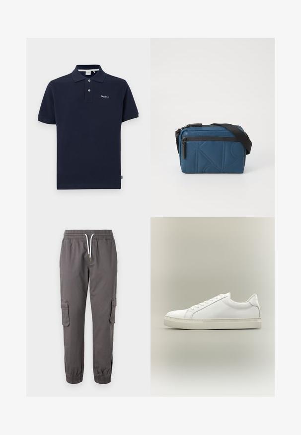 Námornícky polo tričko vyrobené z bavlny, s klasickým golierom, krátkymi rukávmi, dvojitým tlačidlom a malým vyšitým logom na hrudi.; Pier One by Zalando RELAXED CARGO - Kapsáče - dark grey; Biela nízka teniska so šnurovaním vpredu a hrubou podrážkou, zobrazená zboku na neutrálom pozadí.; Modrý prešívaný crossbody batoh so zipsovým uzatváraním, nastaviteľným čiernym popruhom a geometrickým vzorom na látke. Kompaktný obdĺžnikový tvar.