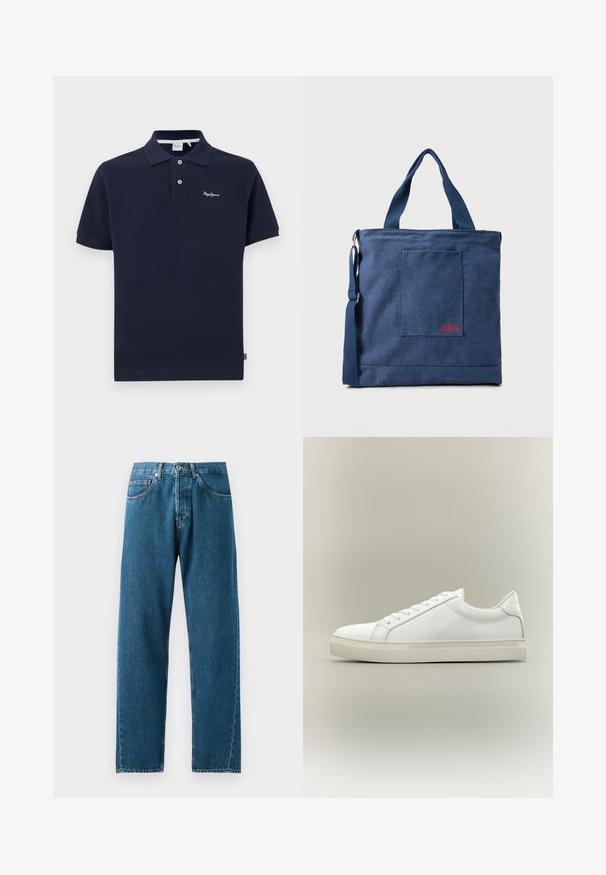 Marineblå polo skjorte lavet af bomuld, udstyret med en klassisk krave, korte ærmer, to-knappers stolpe og et lille broderet logo på brystet.; Blå denim jeans med lige ben, fem lommer og bæltestropper. Stoffet har en subtil tekstur og falmede områder ved lommerne.; Hvid lavtop sneaker med snørebånd foran og tyk sål, vist fra siden mod en neutral baggrund.; Blå lærredstote taske med frontlomme og rød "O.N.S" broderi, med to håndtag og en justerbar skulderrem.