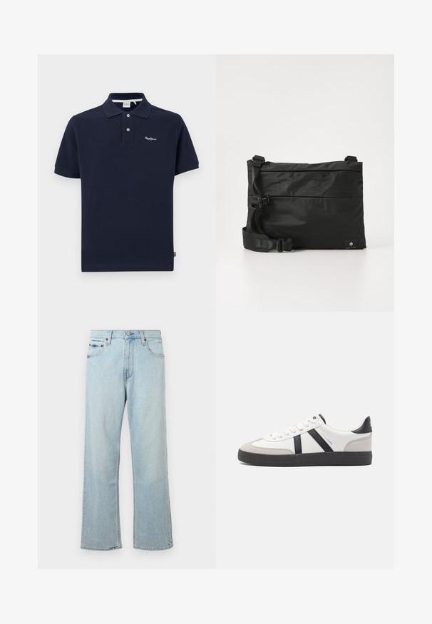 Marineblaues Poloshirt aus Baumwolle mit klassischem Kragen, kurzen Ärmeln, einer zwei-Knopf-Leiste und kleinem gesticktem Logo auf der Brust.; Hellblaue Denim-Jeans mit einem lockeren, weit geschnittenen Design. Verfügt über fünf Taschen, Gürtelschlaufen und einen Reißverschluss mit Knopfverschluss.; Weiße Sneaker mit schwarz- und grau-aczenten, ausgestattet mit einer strukturierten grauen Zehenkappe, schwarzer Gummi-Sohle und flachen weißen Schnürsenkeln. Sauberes Design, minimalistische Stil.; Schwarze Nylon-Umhängetasche mit verstellbarem Riemen, flachem Design und seitlichem Etikett mit Logo. Glatte Textur und minimalistischer Stil.