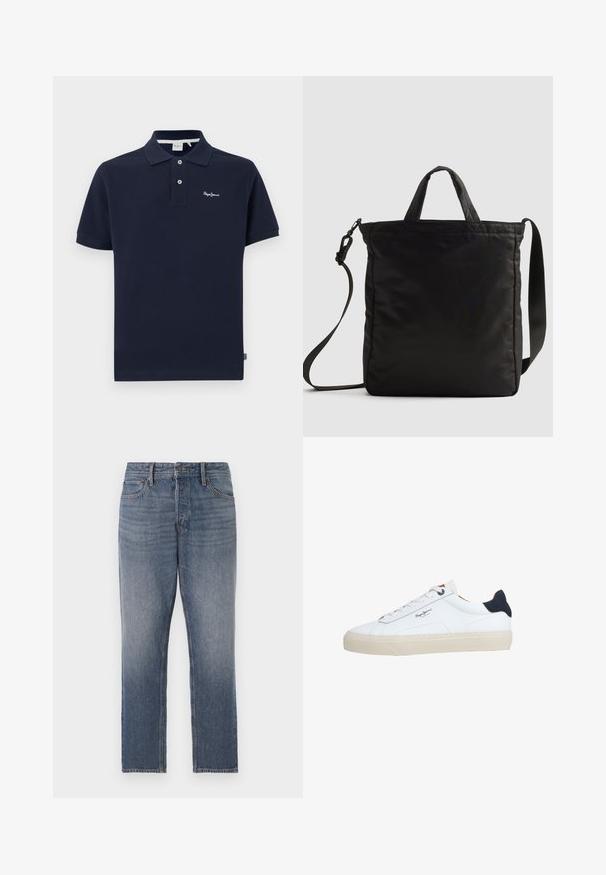 Marineblå polo skjorte lavet af bomuld, udstyret med en klassisk krave, korte ærmer, to-knappers stolpe og et lille broderet logo på brystet.; Mørkeblå denim jeans, lige ben, med en falmet vask, fem lommer og hardware i kobberfarve. Rent, klassisk udseende.; Hvid lavtop-sneaker med beige sål, hvide snørebånd, sort hælkappe og "Pepe Jeans London"-logo på siden.; Sort nylon tote taske med korte håndtag og en aftagelig skulderrem, der har et slankt, quiltet design og minimalt hardware.