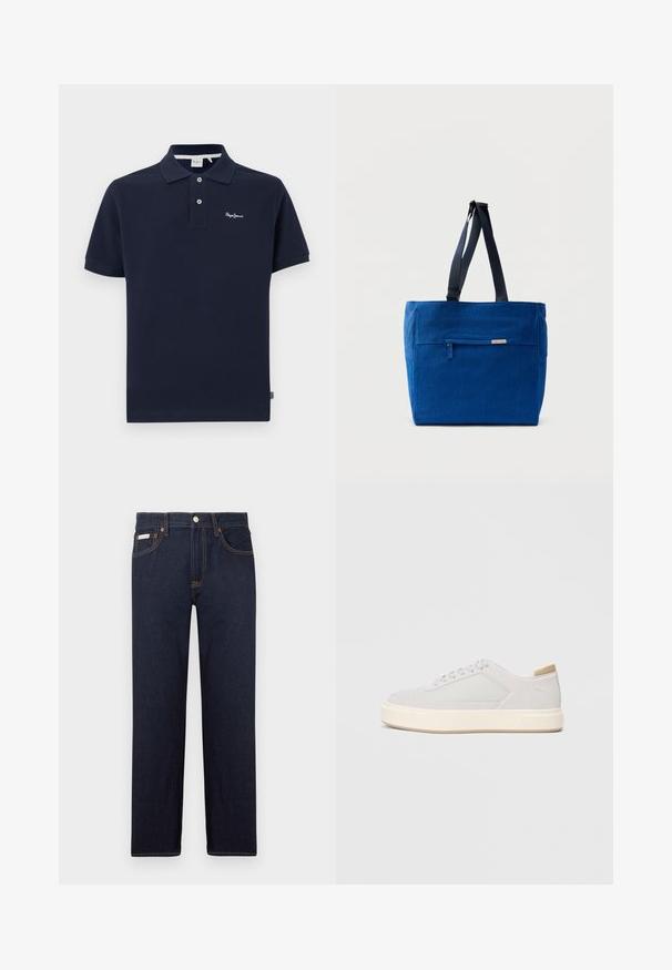 Marineblå polo skjorte lavet af bomuld, udstyret med en klassisk krave, korte ærmer, to-knappers stolpe og et lille broderet logo på brystet.; Mørkeblå denimjeans med lige skæring, et klassisk fem-lomme design og kontrast orange syninger. Har en metal knaplukning.; Lys grå sneakers med en glat syntetisk overdel, rund tå og en struktureret crème mellemsål. Lysebrune accenter på hælen.; Blå lærredstaske med lynlåslomme foran, dobbelte skulderremme og rektangulær form. Har en diskret mærkeetiket.