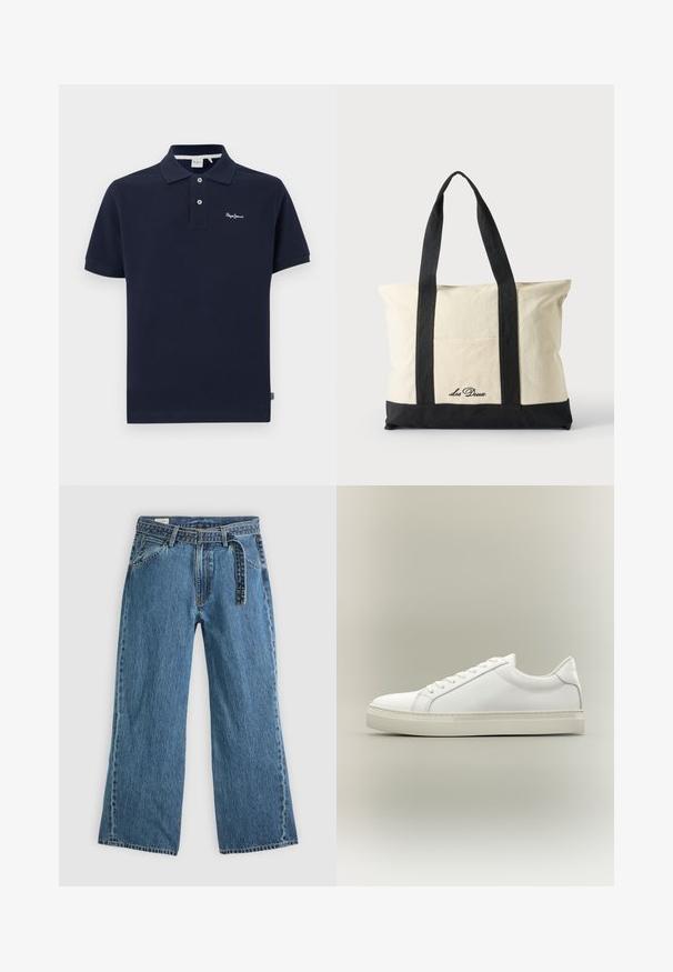 Polo de color navy hecho de algodón, con un cuello clásico, mangas cortas, tapeta de dos botones y un pequeño logo bordado en el pecho.; Pantalones vaqueros de mezclilla azul de pierna ancha con cinturón adjunto, bolsillos frontales y costuras visibles sobre un fondo claro y liso.; Zapatilla blanca de perfil bajo con cordones en la parte delantera y suela gruesa, mostrada de lado sobre un fondo neutro.; Bolsa de lona con asas largas negras, ribete negro en la parte inferior y bolsillo delantero con logo "Les Deux" en letra negra.