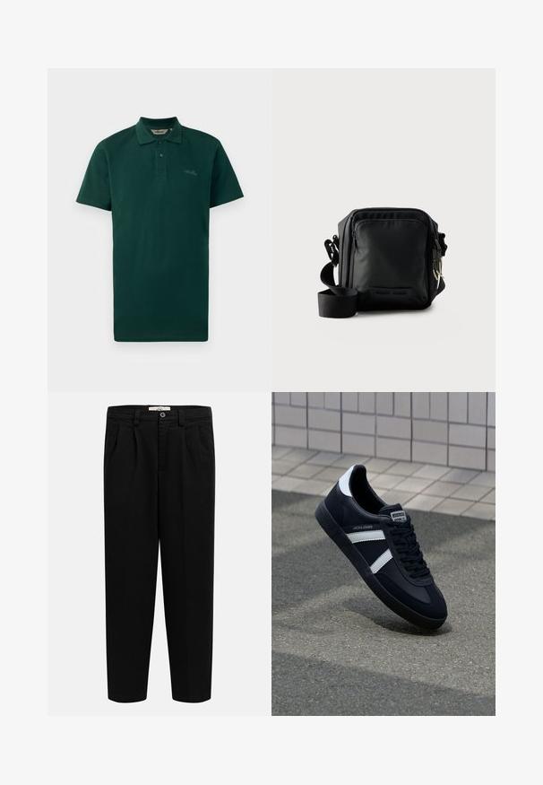 Dunkelgrünes Poloshirt, kurze Ärmel, Zwei-Knopf-Leiste, gerippter Kragen und dezentes Logo auf der Brust. Hergestellt aus strukturiertem Baumwollstoff.; Schwarze, gerade geschnittene Hose mit hohem Bund, Gürtelschlaufen, vorderen Falten, Seitentaschen und einem Knopfverschluss am Bund.; Schwarze Leder-Sneaker mit weißen Streifen, strukturiertem Gummisohle und Schnürung. Verfügt über ein Markenetikett auf der Zunge.; Schwarze kompakte Umhängetasche mit vorderer Reißverschlusstasche, verstellbarem Riemen und strukturiertem Stoff vor einfarbigem Hintergrund.
