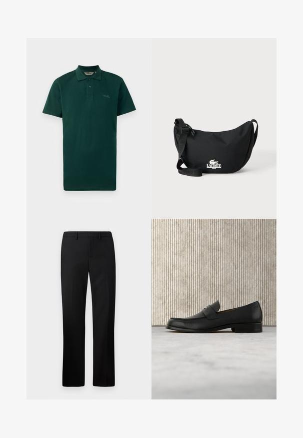Polo de color verde oscuro, de mangas cortas, con tapeta de dos botones, cuello acanalado y logo sutil en el pecho. Fabricado con una tela de algodón texturizada.; Pantalones negros ajustados con un diseño de pierna recta, hechos de una tela suave. Las características incluyen un frente plano y una cinturilla de altura media.; Zapato mocasín de cuero negro flotando sobre una alfombra beige con una mesa redonda marrón brillante al fondo.; Bolso bandolera negro con correa ajustable y parche con el logo de Lacoste en el frente, sobre un fondo claro y liso.