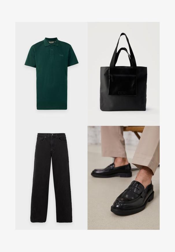 Mørkegrøn polo-shirt, korte ærmer, to-knaps placket, ribbet krave og diskret logo på brystet. Lavet af tekstureret bomuldsstof.; Sorte denimjeans med lige ben, fem lommer og knaplukning. Teksturstof og minimalistisk æstetik.; Sorte lædermokkasiner med en glat overflade, der har en dekorativ rem og kontraststing, parret med beige bukser.; Sort tote-taske med lynlåslomme foran og to håndtag, sat mod en ensfarvet lys baggrund.