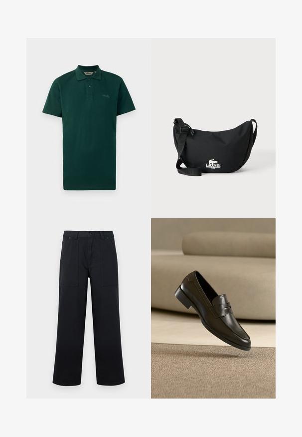 Tume roheline polo särk, lühikesed varrukad, kahe nupuga kaelus, soonikkoes kaelus ja diskreetne logo rinna peal. Valmistatud tekstuurilisest puuvillakangast.; Mustad laiade säärtega püksid esisäärekottidega, vööaasad ja nupuga sulgumine, esitletud ühevärvilise taustaga.; Mustast nahast kingapael hõljub beeži vaiba kohal, taustal beež diivan, näidates klassikalist meeste slip-on disaini.; Must risti käekott reguleeritava rihmaga ja Lacoste'i logoga plaastriga ees, lihtsal heledal taustal.