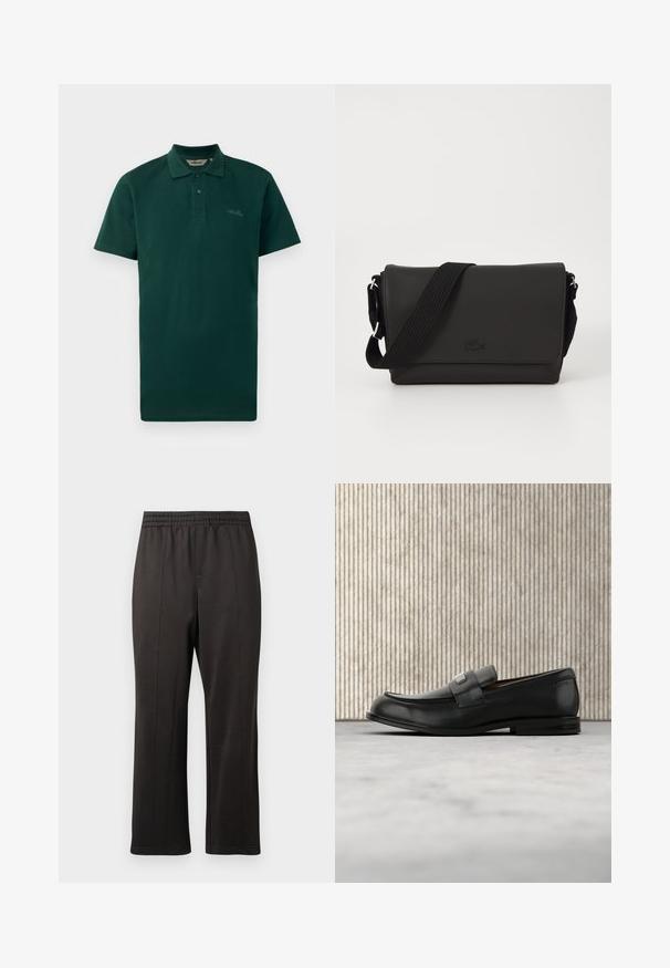Dunkelgrünes Poloshirt, kurze Ärmel, Zwei-Knopf-Leiste, gerippter Kragen und dezentes Logo auf der Brust. Hergestellt aus strukturiertem Baumwollstoff.; Schwarze Hose mit elastischem Bund und geradem Bein. Hergestellt aus glattem Stoff mit dezenten Nahtdetails an der Vorderseite.; Schwarzer Lederloafer mit einer Metallmarkenplatte, der nahe einem braunen runden Tisch auf beigem Teppichboden ruht.; Lacoste MESSENGER BAG MEN CLASSIC - Umhängetasche - noir