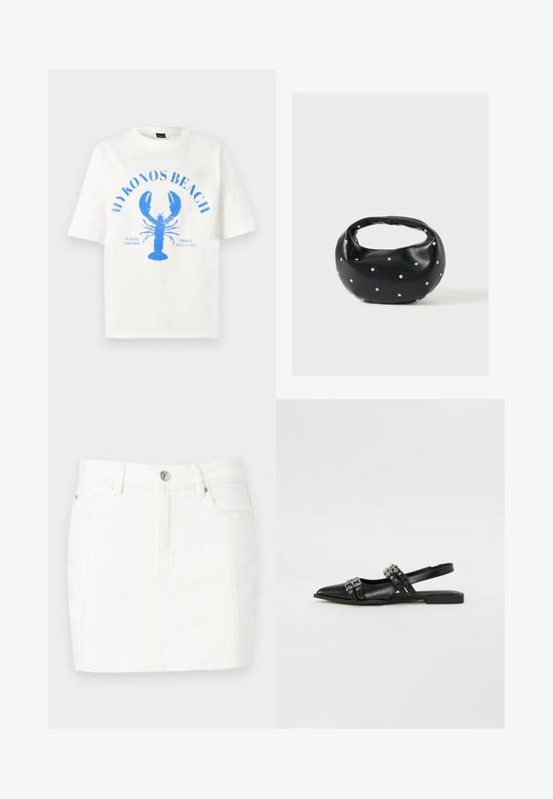 Weißes Baumwoll-T-Shirt mit kurzen Ärmeln, das ein blaues Hummer-Motiv und den Schriftzug "MYKONOS BEACH" in einer gewölbten Anordnung zeigt.; Weiße Denim-Rock mit einem taillierten Design, ausgestattet mit einer Frontknopfverschluss, zwei seitlichen Taschen und einer Länge bis zur Mitte des Oberschenkels. Glatte Textur.; Even&Odd by Zalando Sling-Ballerina - black; Schwarze Lederhandtasche mit abgerundeter Form, verziert mit silbernen Nietenakzenten und kurzem Griff. Glatte Struktur und Reißverschlussverschluss.