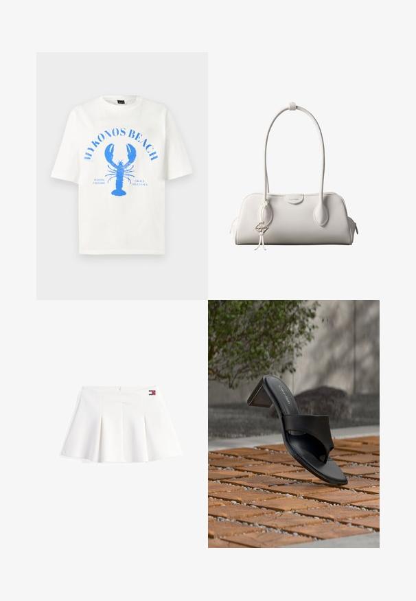 Weißes Baumwoll-T-Shirt mit kurzen Ärmeln, das ein blaues Hummer-Motiv und den Schriftzug "MYKONOS BEACH" in einer gewölbten Anordnung zeigt.; Weißer plissierter Minirock mit glatter Textur und seitlichem Reißverschluss. Verfügt über einen kleinen Logo-Patch in Rot, Weiß und Blau am Bund.; Schwarze Calvin Klein Sandale mit Absatz und Zehenschlaufe auf einem Holzkachelfußboden im Freien neben einem Baum und einer Steinmauer.; Weiße Calvin Klein Schultertasche mit langen Griffen, rechteckiger Form, Reißverschluss und dekorativem Logo-Anhänger, der in der Nähe des Griffs hängt.