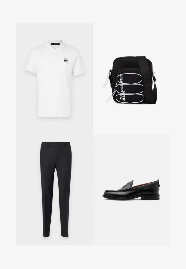 Valge lühikeste varrukatega polo särk, kolme nööbiga krae ja must tikitud koomiksiteemaline logo vasakul rinnal.; Mustad mustad püksid, mis on hoolikalt lõigatud, tasasel ees, volditud jalgadega; valmistatud siledast kangast, vöökohtadega ja tõmblukuga.; Mustast nahast meeste mokasiin, millel on moc varbaõmblus, penny rihm, tekstuuriga krae ja madal virnastatud konts valgel taustal.; Must käekott valgete elastsete aasade, tõmblukukäepidemete ja valge "KARL LAGERFELD JEANS" kirjaga esitaskul.