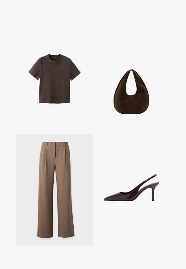 T-shirt uni marron foncé à manches courtes et col rond, avec un ourlet droit, présenté sur un fond blanc.; Pantalon marron taille haute à jambes larges avec fermeture bouton et zip et plis devant sur un fond clair uni.; Talons slingbacks en cuir verni marron avec un bout pointu, un talon fin et une bride réglable. Texture lisse et finition brillante.; Sac à main en daim marron foncé en forme de croissant avec une seule sangle large et une texture lisse sur fond blanc.