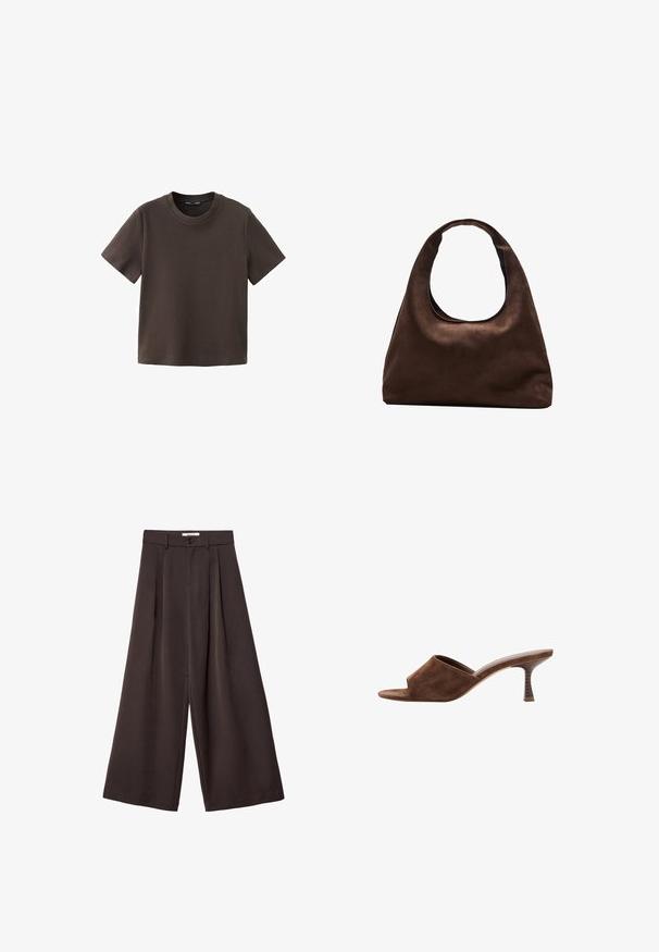T-shirt uni marron foncé à manches courtes et col rond, avec un ourlet droit, présenté sur un fond blanc.; Pantalon à jambes larges en tissu brun foncé, avec des plis, une fermeture par bouton, et une texture lisse ; longueur cheville avec une coupe ajustée.; Mule en daim marron à bout ouvert, talon en bois incurvé de hauteur moyenne et design à enfiler sur fond blanc.; Sac à main en toile marron doux de style hobo avec une large sangle unique et une ouverture en haut arrondie, présenté sur un fond blanc.