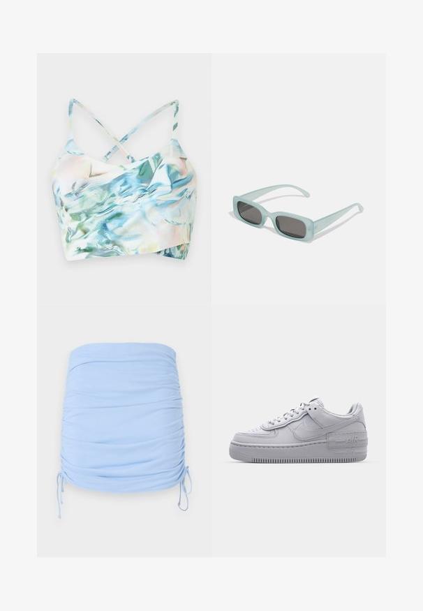 Voorkant van een cropped bikini top in meerkleurige, iriserende stof met kruisbandjes, met een golvend patroon in tinten blauw en groen.; Lichtblauwe gerimpelde minirok gemaakt van rekbaar materiaal. Voorzien van trekbandjes aan de zijkanten voor een verstelbare pasvorm en een gladde textuur.; Grijze Nike Air Force 1 sneaker met geperforeerde neus, glad leren bovenwerk, dikke zool en verhoogde 'AIR' details op de hiel.; Een paar rechthoekige zonnebrillen met lichtblauwe doorzichtige monturen en donkergrijze glazen, met rechte pootjes en minimale hardwaredetails.