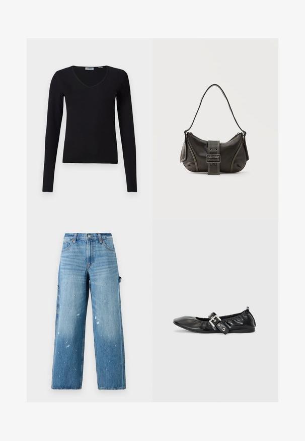 Sort langærmet V-hals sweater præsenteret på en hvid baggrund, med ribbet tekstur og et enkelt, afslappet design.; Lysblå denim cargo jeans med brede ben, falmede sektioner og malersprøjt detalje. Har sidelommer og knaplukning.; Sorte læder flade sko med spids tå, samling detaljer omkring åbningen, og en sølv spænde accent på den justerbare rem.; Sort læder skuldertaske med spænde på remmen, afrundede kanter og kontrasterende hvide syninger på en ensfarvet baggrund.