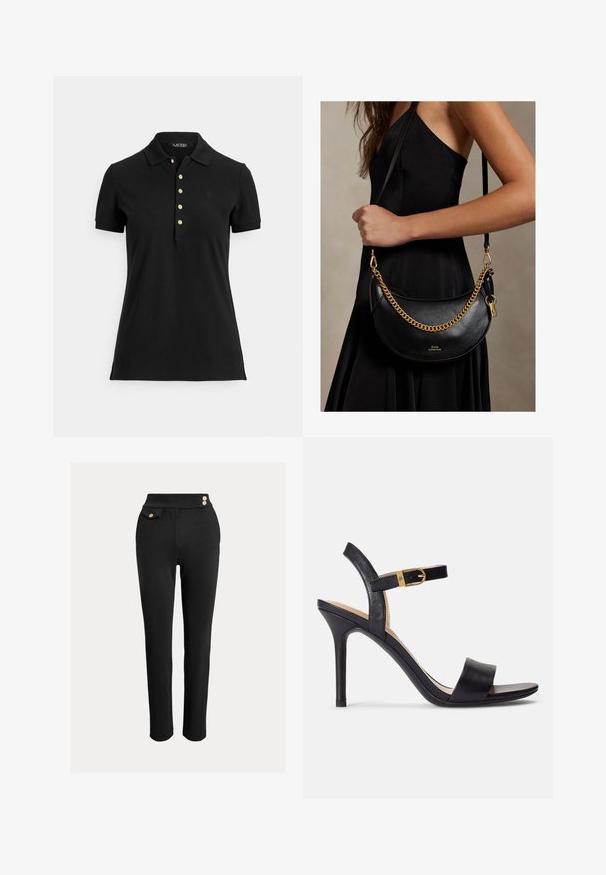 Schwarzes Poloshirt aus strukturiertem Stoff mit Kragen, kurzen Ärmeln und einer Knopfleiste mit goldfarbenen Knöpfen. Dezentes Logodetail auf der Brust.; Schwarze, figurbetonte Hose mit hoher Taille, dekorativen goldenen Knöpfen am Bund und einer kleinen Klappentasche auf der rechten Seite.; Schwarze Sandalen mit hohen Absätzen und glattem Leder-Obermaterial, offene Zehenpartie und einem Design mit einem einzigen Riemen, verziert mit einer goldenen Schnalle.; Frau in schwarzem Kleid hält eine schwarze halbmondförmige Ledertasche mit goldener Kette und Riemen über der Schulter.