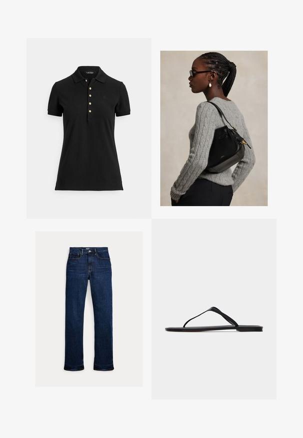 Zwart poloshirt van gestructureerde stof, met een kraag, korte mouwen en een knopenlijst met gouden knopen. Subtiel logodetail op de borst.; Donkerblauwe straight-leg spijkerbroek met knoop en rits aan de voorkant, ontwerp met vijf zakken en zichtbare stikseldetails.; Zwarte platte slipper met dunne bandjes en een minimalistisch ontwerp, van opzij getoond tegen een effen lichte achtergrond.; Vrouw met gevlochten haar en bril, die een grijze kabeltrui draagt en een zwarte leren schoudertas met gouden details draagt.