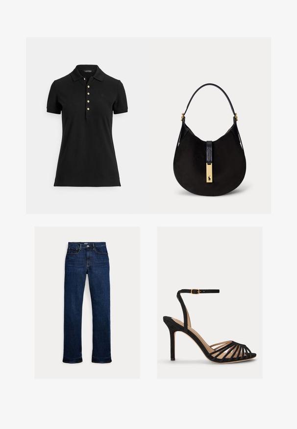 Schwarzes Poloshirt aus strukturiertem Stoff mit Kragen, kurzen Ärmeln und einer Knopfleiste mit goldfarbenen Knöpfen. Dezentes Logodetail auf der Brust.; Dunkelblaue Straight-Leg-Denim-Jeans mit Frontknopf und Reißverschluss, Fünf-Taschen-Design und sichtbaren Nähten.; Schwarze Sandale mit hohem Absatz und offenem Zehenbereich, mehreren dünnen vorderen Riemen und einem verstellbaren Knöchelriemen mit goldener Schnalle.; Schwarze Wildleder-Halbmonden-Handtasche mit einem schwarzen Riemen und goldener Schnalle mit Polospieler-Logo.